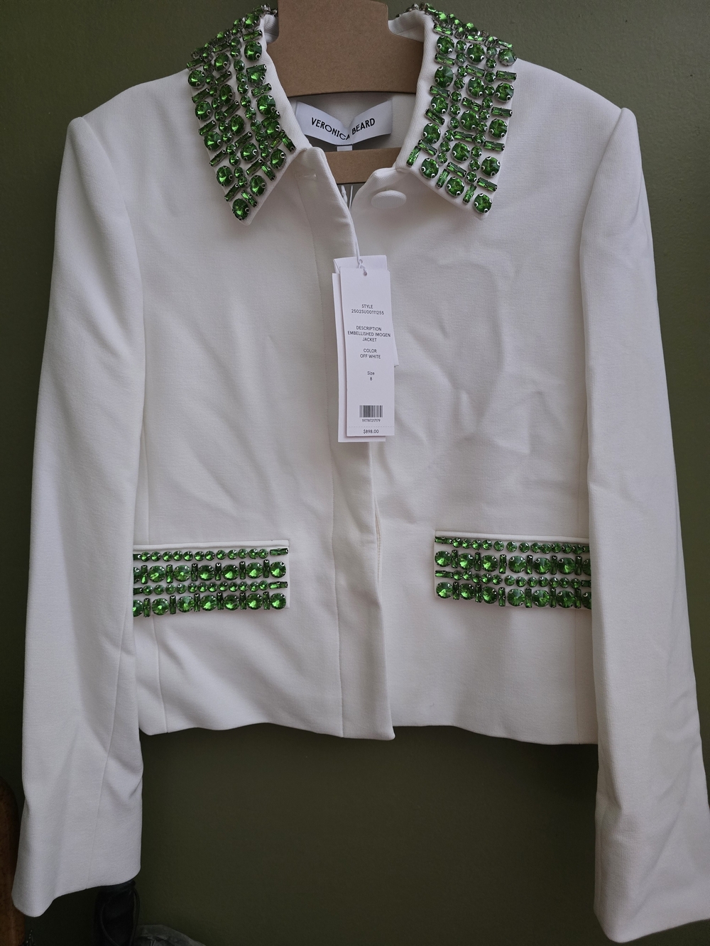 Veronica Beard White Jacket with Green Crystal Trim